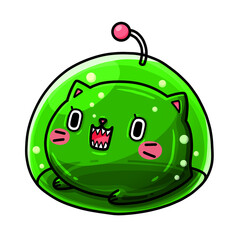 Cat in green jelly. Monster cat cartoon. Hand drawn funny cat.