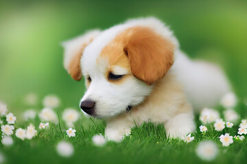 Cute puppies on a green grass with flowers