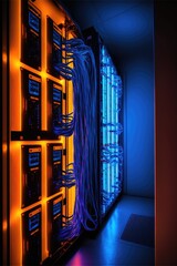 Computer servers with orange and blue lights in server farm, created using generative ai technology