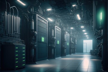Computer servers with green lights in server farm, created using generative ai technology