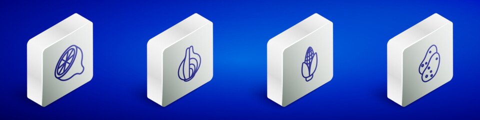 Set Isometric line Lemon, Onion, Corn and Potato icon. Vector
