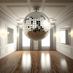 Disco ball over room with white walls and wooden floor created using generative ai technology