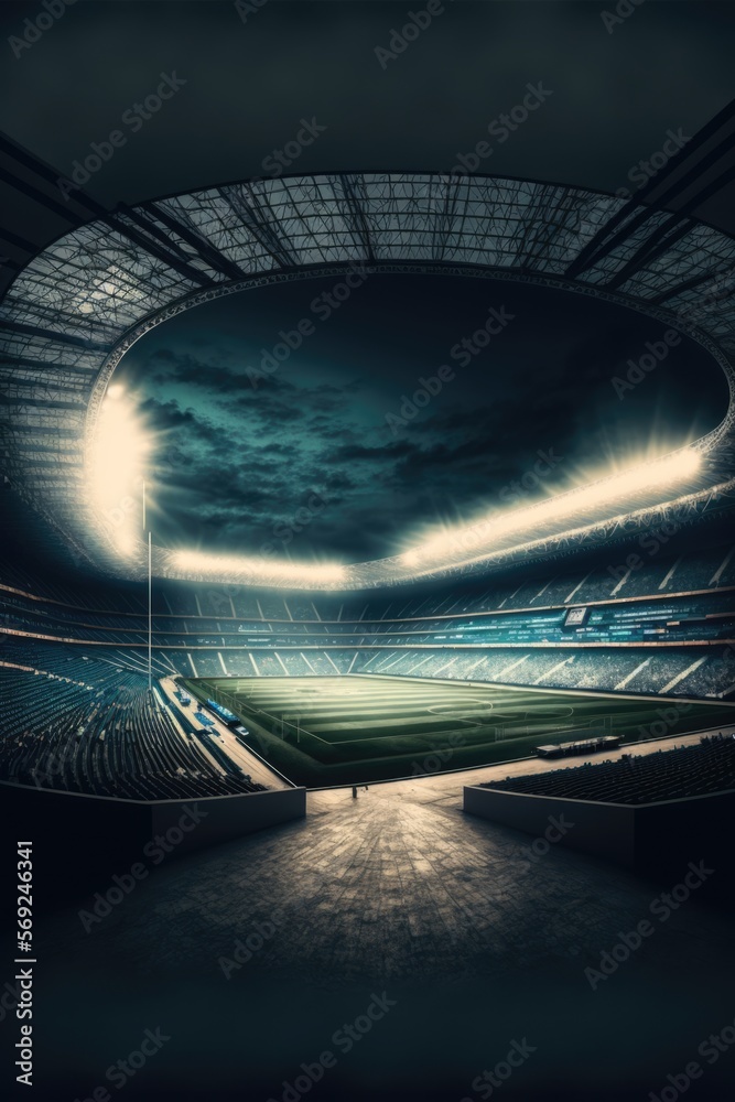 Wall mural general view of football stadium with lights over sky created using generative ai technology