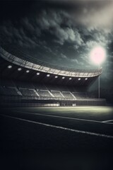 Naklejka premium Football stadium with seats and lights over sky with clouds created using generative ai technology