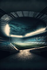 General view of football stadium with lights over sky created using generative ai technology