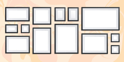 Picture frame vector. Photo art gallery.Picture frame vector.Black photo frame on wall. Square frame set. Blank pictures. Vector decoration element. 3D poster with shadow for presentations