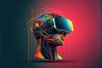 Human head of abstract colourful connections in vr headset, created using generative ai technology