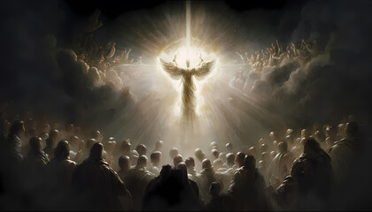 A Beautiful Illustration Representing God, Jesus, Spiritutality, Holy Bible, Holy Cross, Christianity, Heaven, Angels, AI Generative	
