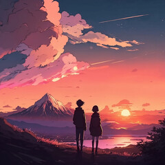 Silhouette of couple on the Mountain, Anime Digital Art illustration for background wallpaper. Generative AI