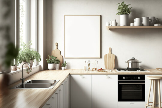mock up poster featuring a pleasant kitchen with a Scandinavian design ,. Generative AI