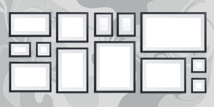 Picture frame vector. Photo art gallery.Picture frame vector.Black photo frame on wall. Square frame set. Blank pictures. Vector decoration element. 3D poster with shadow for presentations