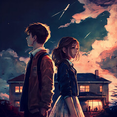 School Couple ending there Relationship Digital Art illustration for background wallpaper. Generative AI
