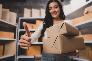Smiling and successful young female Asian warehouse manager and worker working in storage house...