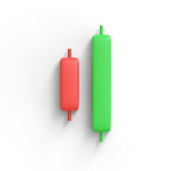 candle stick pattern Bullish engulfing. forex stock or crypto trading. inverse and reversal pattern to bullish or bearish graph. tutorial investment concept. 3d render isolated on white background.