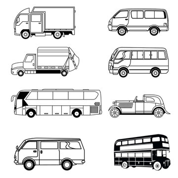 set of transport icons, set of vehicles silhouettes, silhouettes set of buses, cars, coaster, 