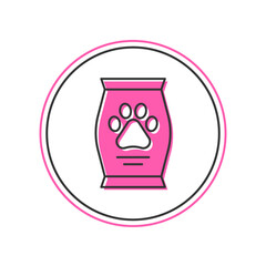 Filled outline Bag of food for dog icon isolated on white background. Dog or cat paw print. Food for animals. Pet food package. Vector