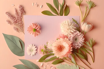 Bouquet of beautiful spring flowers on pastel pink table top view. Greeting card for International Women Day, Generative AI