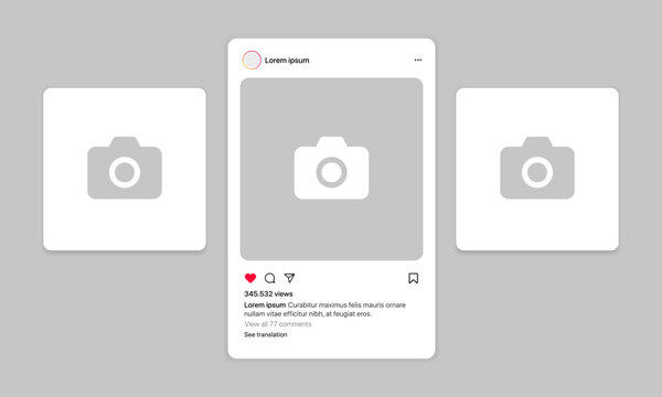 Instagram carousel post template mockup. Mobile app interface with blank pictures editable posts.. Scroll frame pages, social media photography. Isolated UI vector design