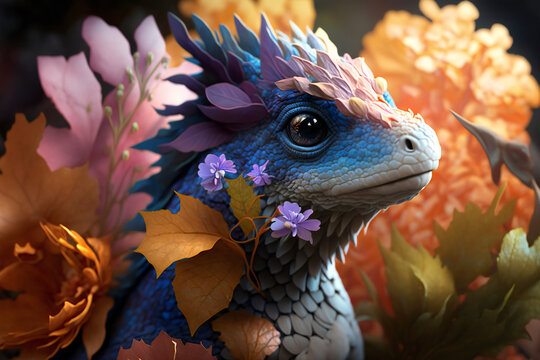 Flower baby Dragon - Mythology creature - fantasy illustration - wyvern - Generative AI