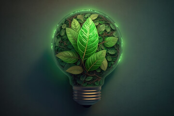 Obraz na płótnie Canvas Green eco friendly lightbulb from fresh leaves top view. Energy saving, ecology and environment sustainable resources conservation concept, Generative AI