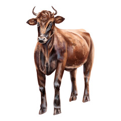 A red bull with spots and horns in full growth. Digital illustration. Isolated objects. From the farmer's collection. For compositions, designs, prints, stickers, posters, postcards