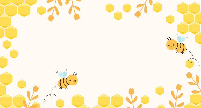 Beehive honey background with hexagon grid cells, bee cartoons and plant on yellow background vector illustration.