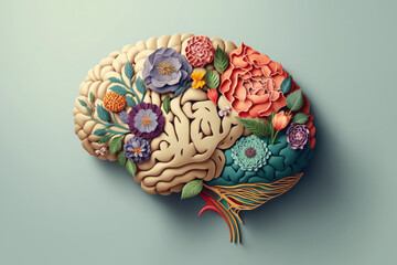 Fototapeta premium Human brain with flowers, self care and mental health concept, positive thinking, creative mind, generative AI