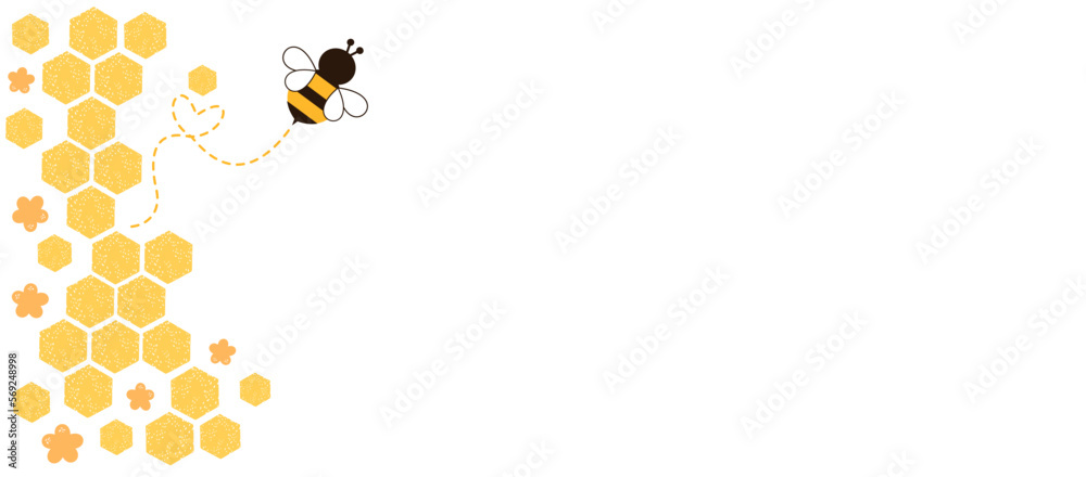 Poster honeycomb beehive with hexagon grid cells, cute flower and bee cartoon logo on white background vect