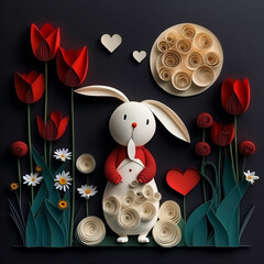 knolling,paper quilling, two super cute and sweet cute white rabbit, wearing a red hat,wearing gold necklace,beautiful big-black-eyed rabbit, symmetric ears,wearing a big red sweater sitti - obrazy, fototapety, plakaty