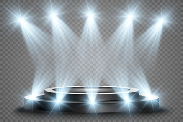 Podium, pedestal or platform, illuminated by spotlights in the background. Vector illustration. Bright light. Light from above. Advertising place