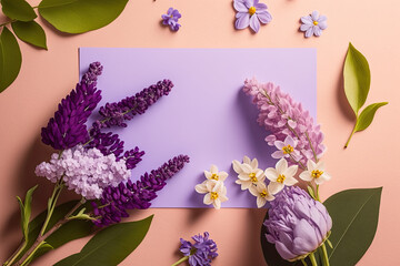Bouquet of beautiful spring flowers on pastel purple table top view. Greeting card for International Women Day, Generative AI
