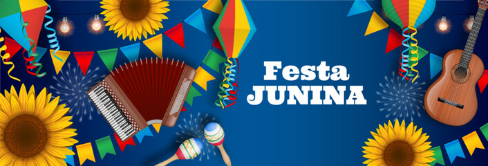 "festa junina" banner with colorful pennants, balloons, sunflowers, accordion, guitar and maracas. june brazilian festival banner