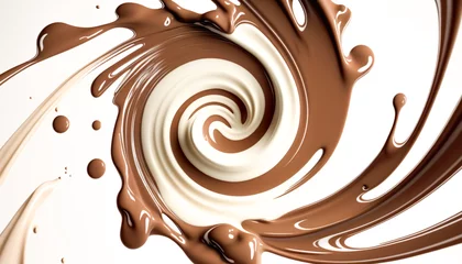 Zelfklevend Fotobehang Chocolate splash with milk spin or pouring.hot drink dynamic mixing for demonstration food shot background.ai generated images © Limitless Visions