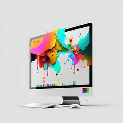 Monitor with colorful artistic screen splash. Website design. Creative graphics.