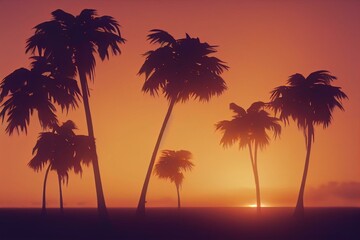 Naklejka na ściany i meble Beautiful tropical sunset. Silhouettes of palm trees background. Generative AI