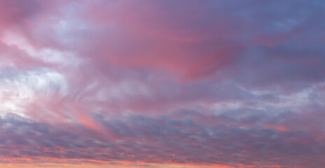 Sunset sky with pink clouds. Banner