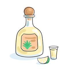 Tequila bottle and shot glass. Picture in line style. Black contour with colored spots. Isolated on white background. Vector flat illustration. Bar and restaurant menu template.