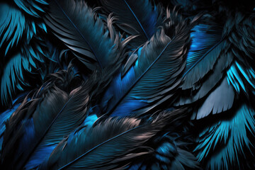 a closeup of black - blue feathers. wallpaper. Generative AI