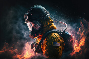 A firefighter on duty isolated on black background with smoke. closeup. Generative AI