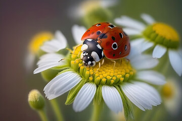 a ladybug sits on a chamomile flower. Generative AI