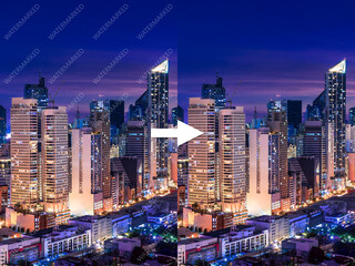 Before and after example of AI watermark remover tool erasing watermarks from a photo of a city.