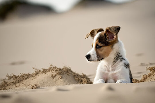 a little cute puppy in the sand on the beach. Generative AI