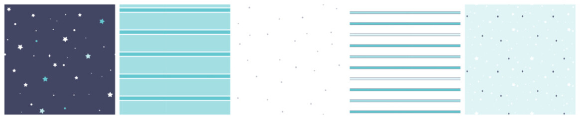 Star, stripe and night sky seamless pattern set. Beautiful blue, white and navy vector timeless design for baby boy apparel or nursery decor.