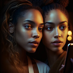 Obraz premium Generative ai portrait two women sisters posing looking camera strong and confident, supporting.
