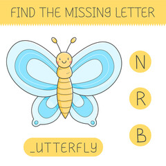 Find the missing letter is an educational game for kids with a butterfly. Cute cartoon butterfly. Practicing English alphabet.