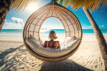 a woman relaxes and enjoys the sun on vacation at the beach in a wicker hammock. Generative AI - obrazy, fototapety, plakaty