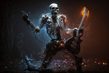 Skeleton plays rock guitar, heavy metal, power rock. Generative Ai