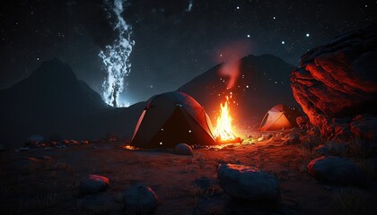  a group of tents sitting next to a fire in the middle of a field under a night sky filled with stars and a shooting star.  generative ai