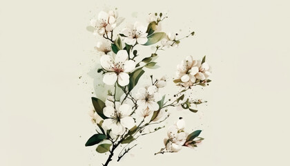  a card with white flowers on a white background with a green leafy branch in the middle of the card is a watercolor drawing of a branch with white flowers.  generative ai