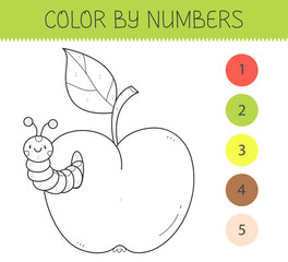 Color by numbers coloring book for kids with an apple and caterpillar. Coloring page with cute cartoon apple with worm. Monochrome black and white
